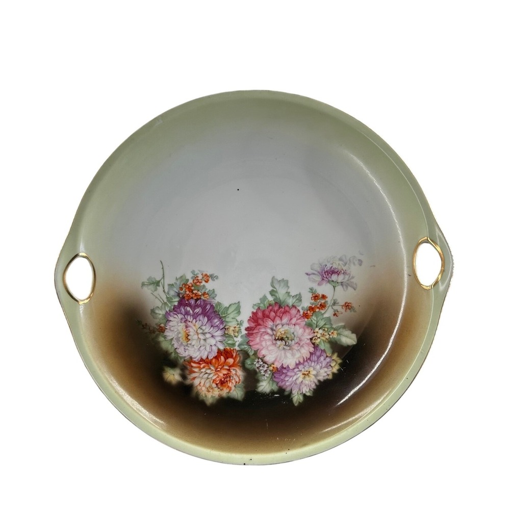 Germany Vintage Porcelain Floral Serving Tray 9.5" Brown‎ Cream Gold Handles 35